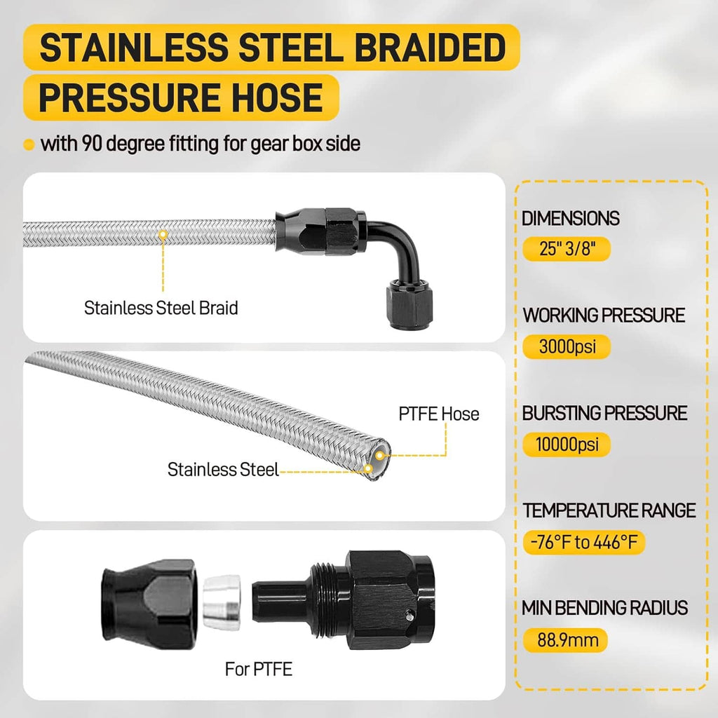 Stainless steel braided pressure hose with 90-degree fitting for power steering