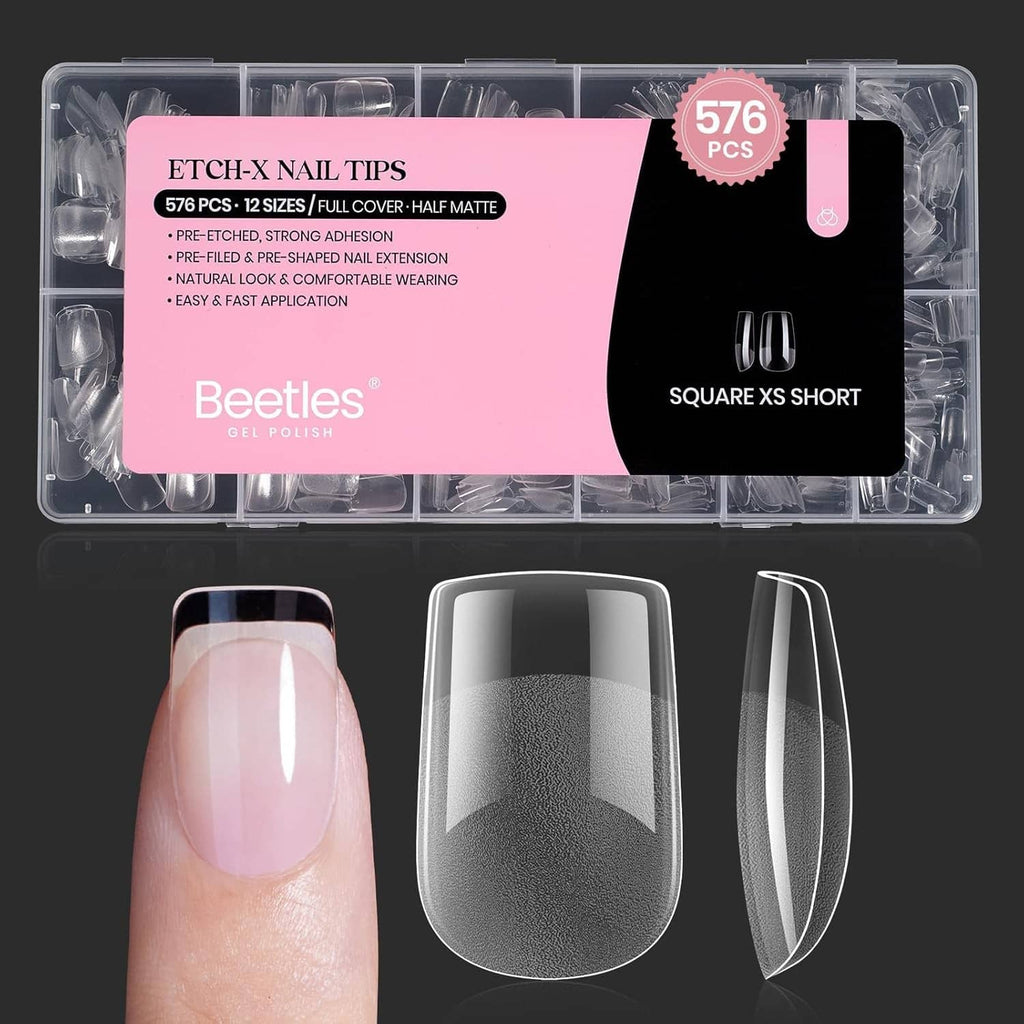Beetles 576-piece short square nail tips set, half-matte pre-shaped tips in clear case