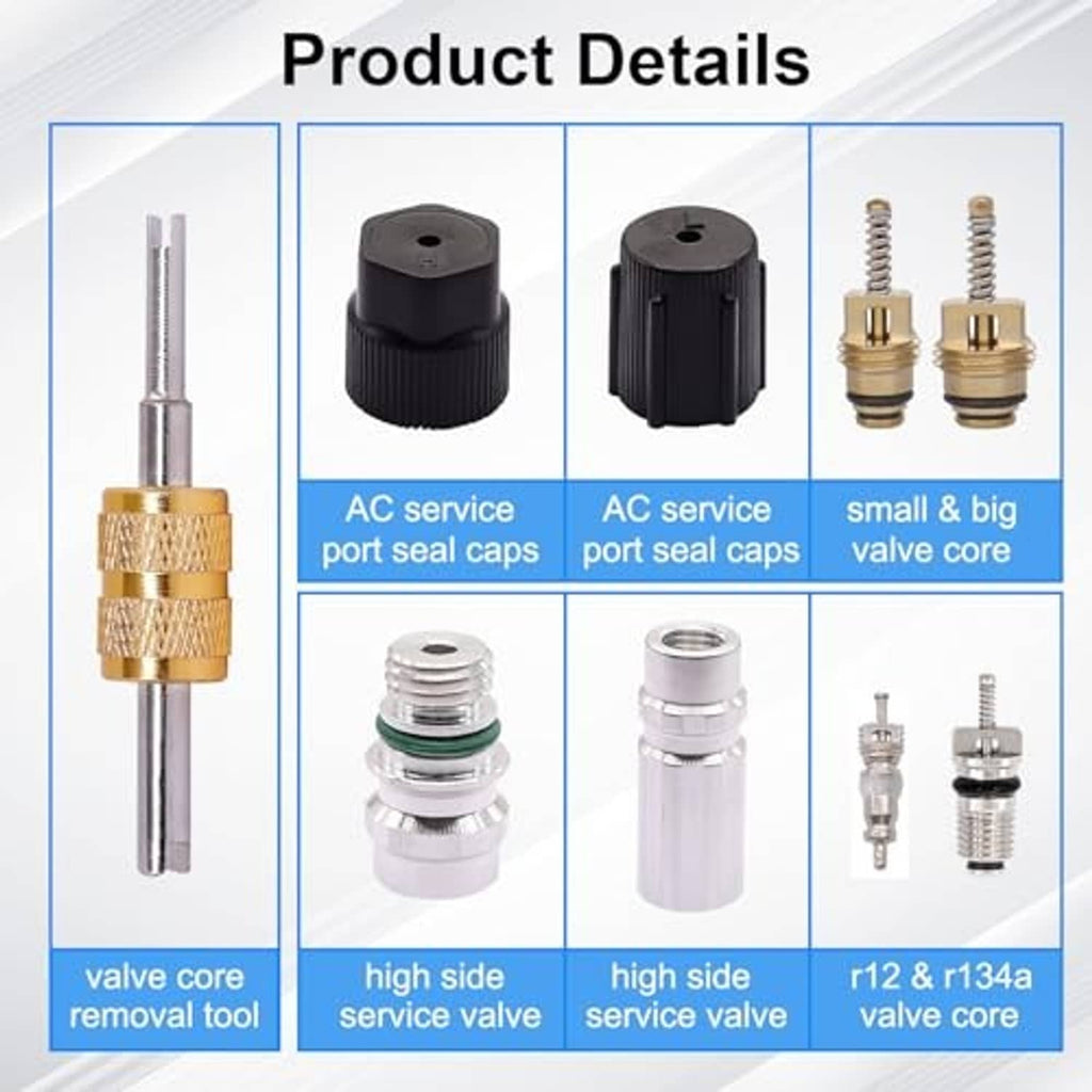 A/C service valve core kit details: port seal caps, valve cores, and core removal tool
