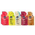 GU Energy Gel multipack pouches, assorted flavors in red, yellow, green, beige, and brown