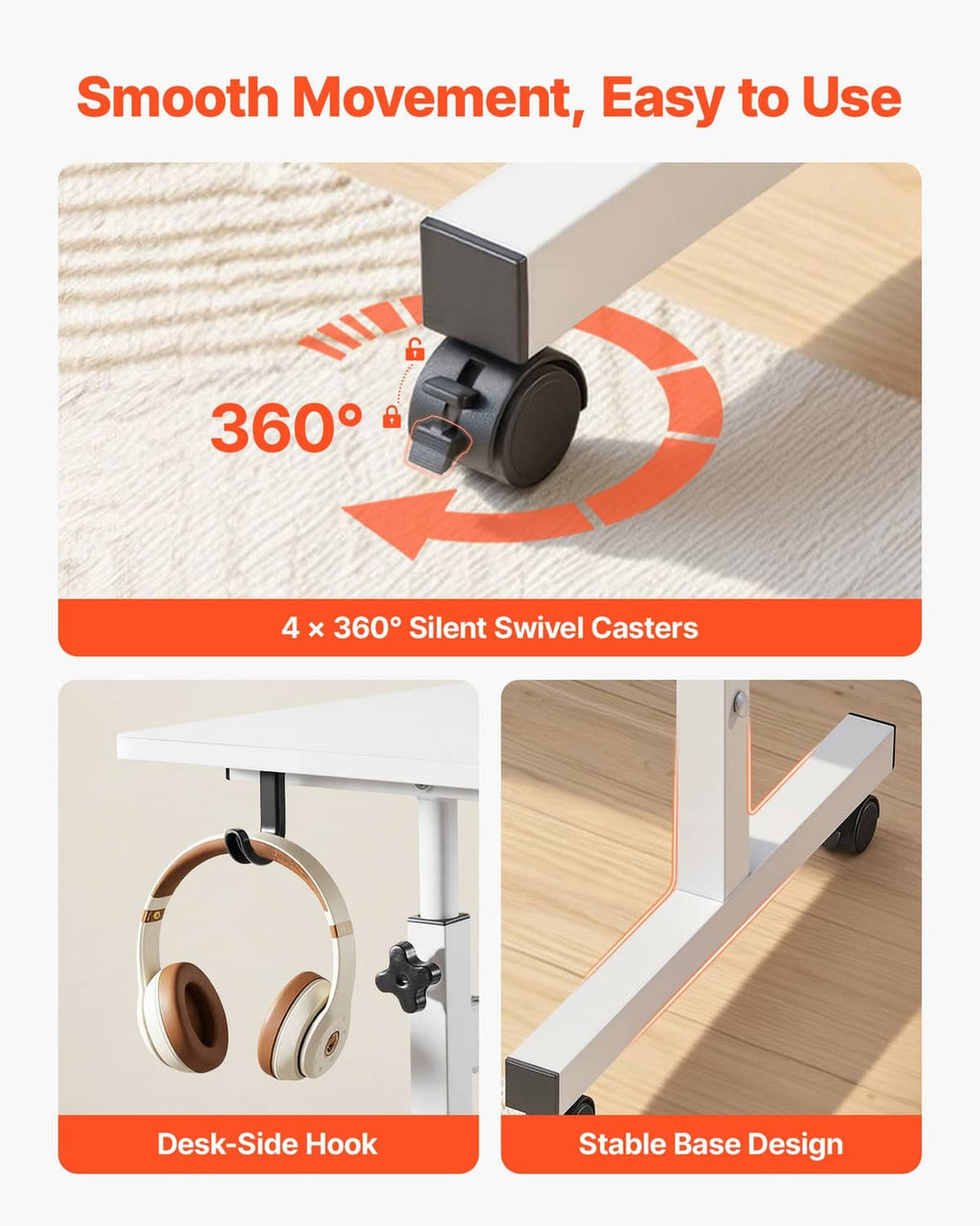 Uimoso desk base with 360° silent swivel casters and desk-side hook for accessories