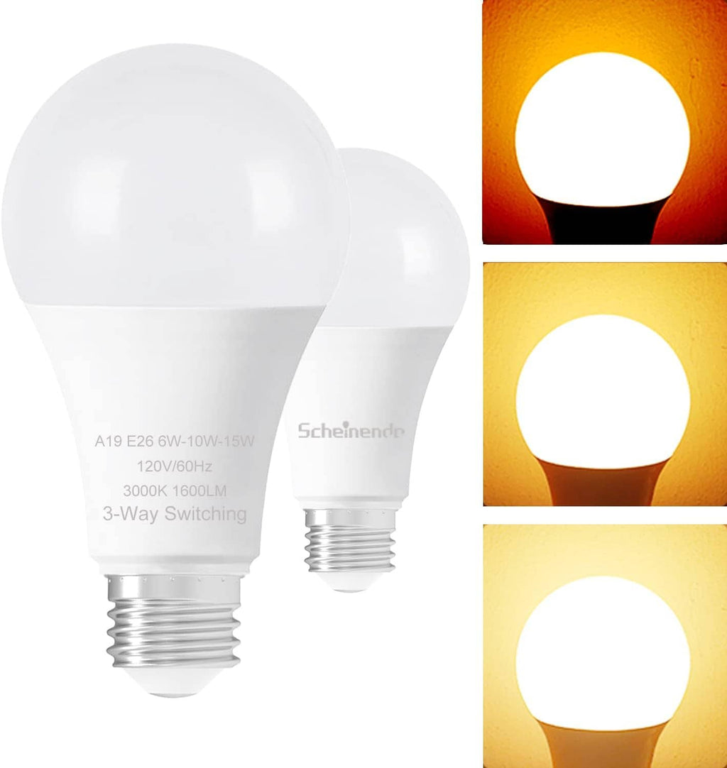White 3-way LED A19 bulbs with E26 screw base, warm white glow, 3 brightness levels