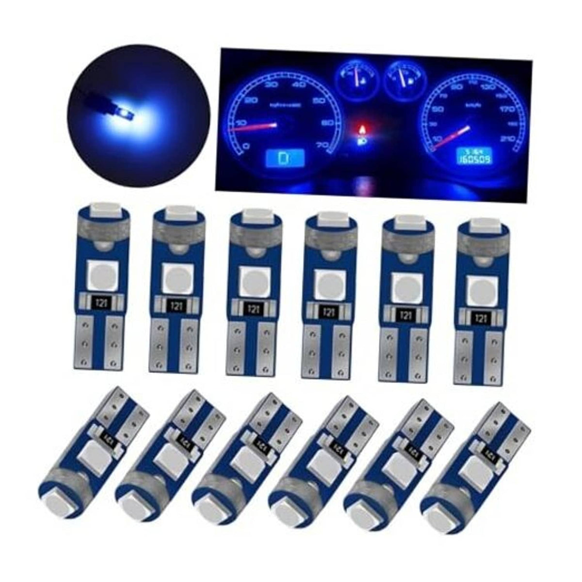Pack of T5 LED bulbs emitting bright blue light, shown as multiple units