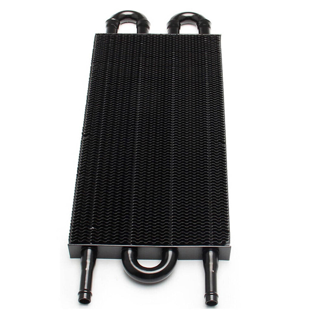 Oil cooler radiator with black fin core and mounting bracket with hose ports
