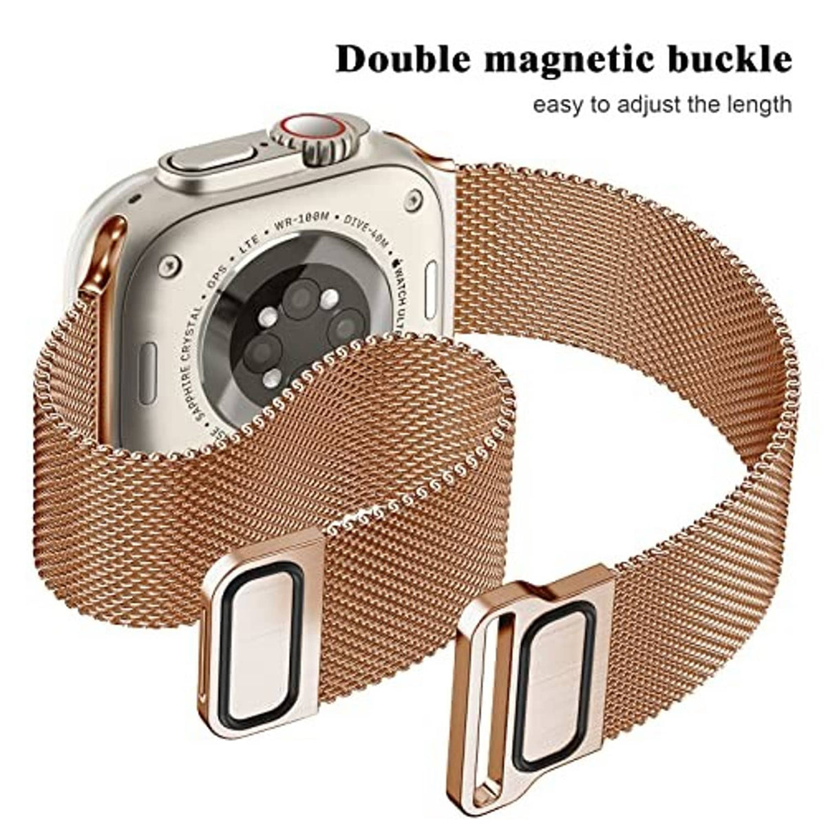 Rose gold mesh magnetic watch band with double magnetic buckle for easy length adjust