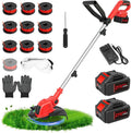 Cordless string trimmer with red handle, silver shaft, and two 21V lithium batteries