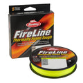 Spool of braided fishing line, flame green neon line on black reel