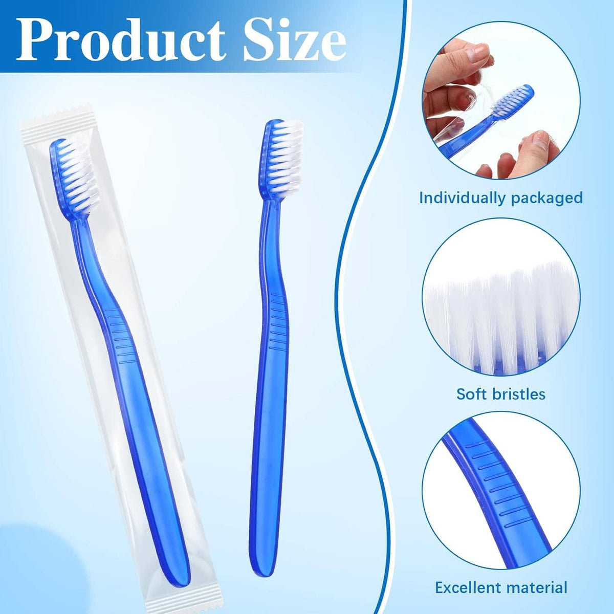Disposable toothbrushes with blue handles and white bristles, individually sealed