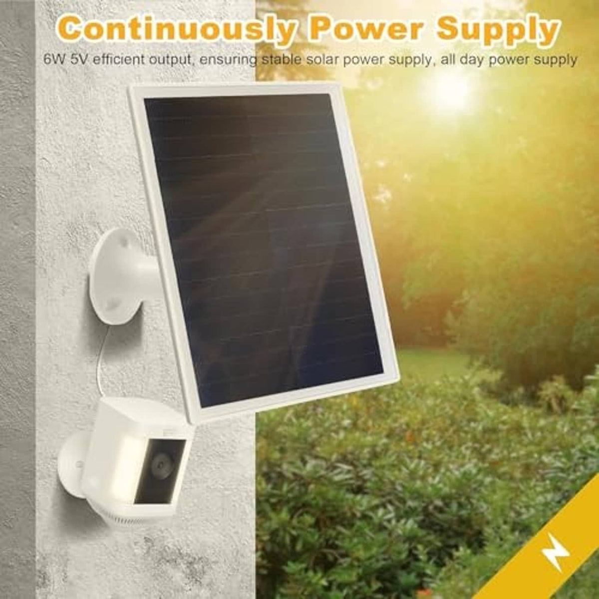 Wall-mounted solar panel charger with white bracket and black photovoltaic panel, power lead