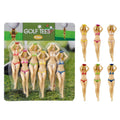 Golf tees blister pack showing 6 bikini figurine toppers with white ball heads