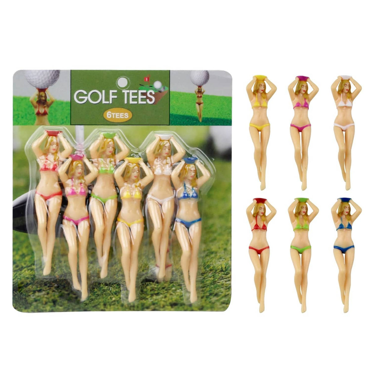 Golf tees blister pack showing 6 bikini figurine toppers with white ball heads