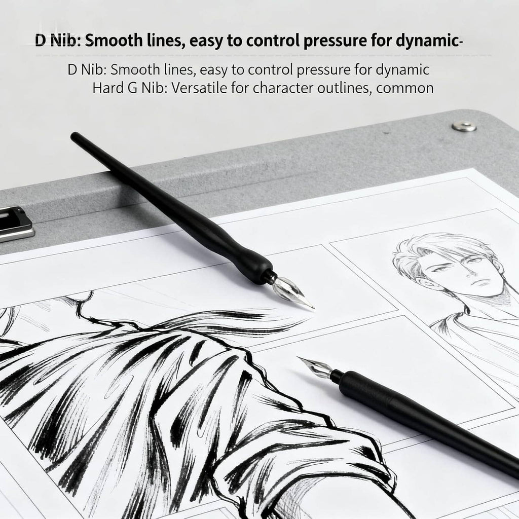 Black dip pen holder with steel nib over ink line drawing on paper