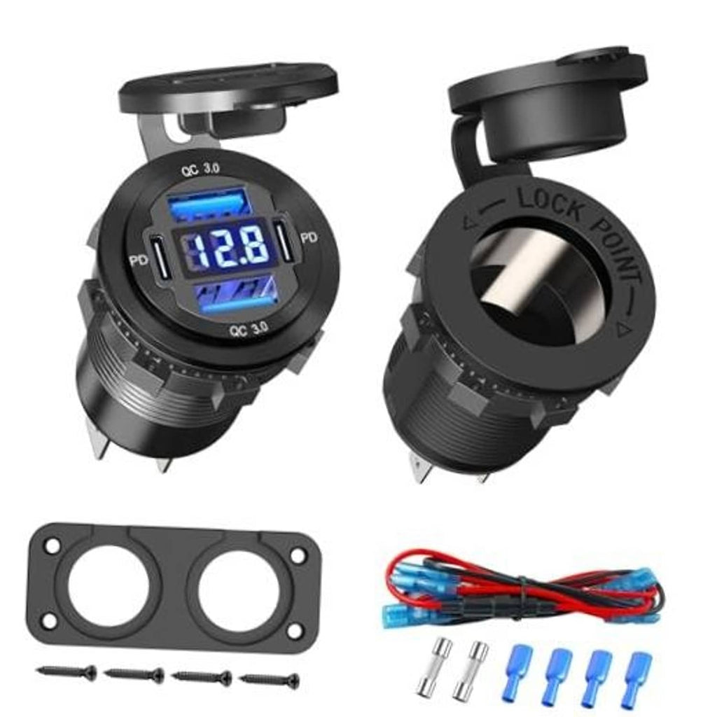 Black dual USB car cigarette lighter socket with QC/PD digital voltage display
