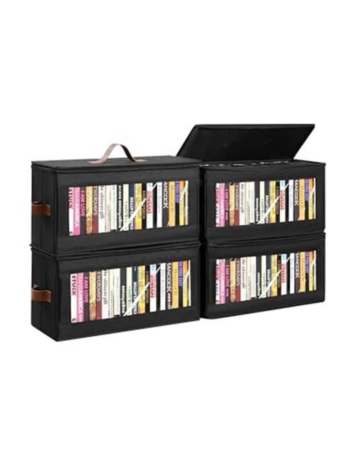 Black fabric DVD storage box set with zip lid, DVDs visible in four compartments