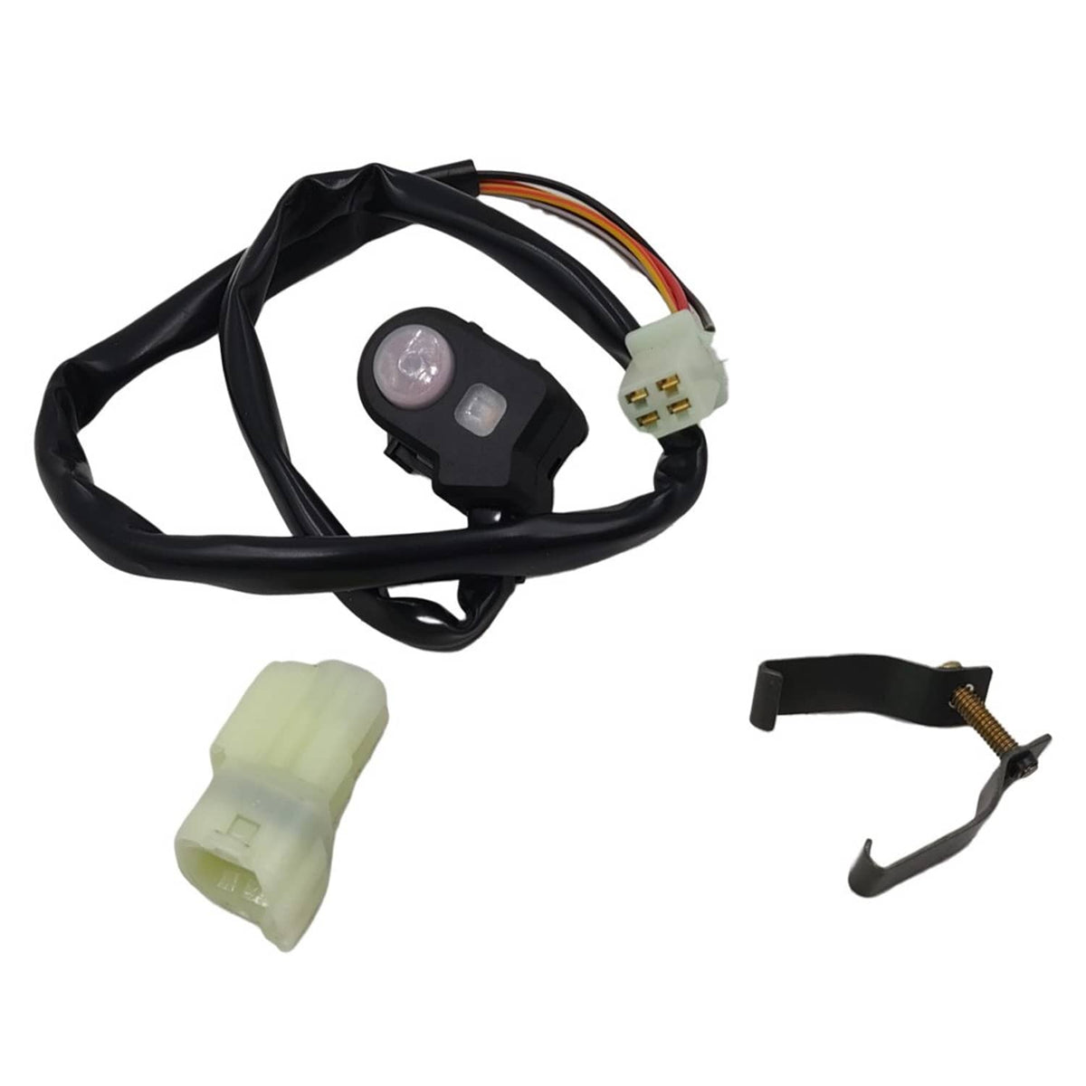 Kill switch wiring harness with black switch housing, light button, and spare connector