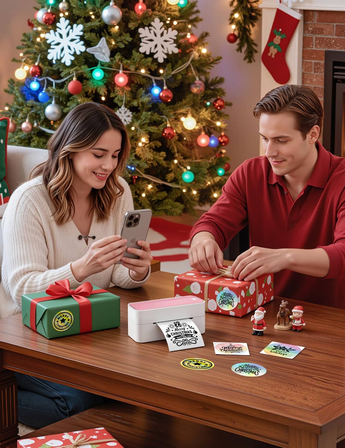 Pink Bluetooth thermal label printer on table with printed labels and holiday decor