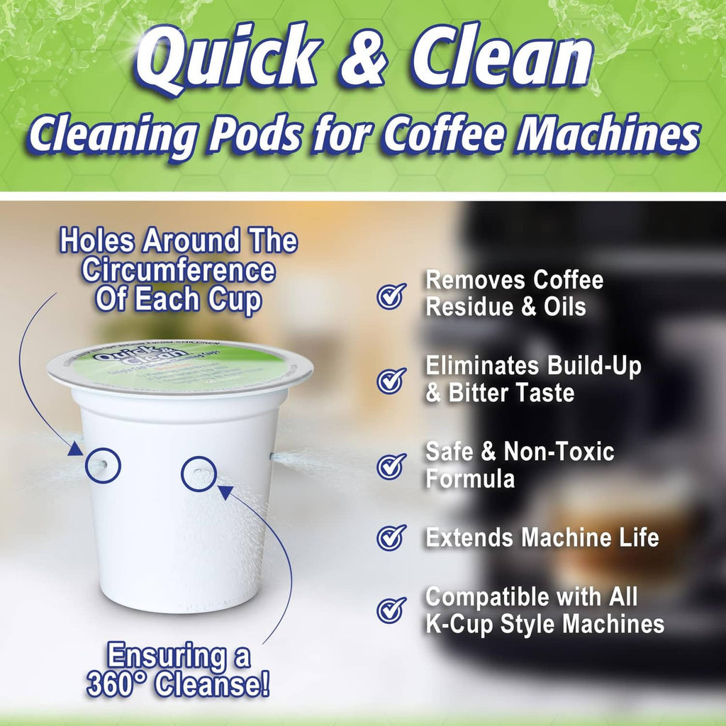 Cleaning pods for coffee machines with white cup and rinse-benefit icons