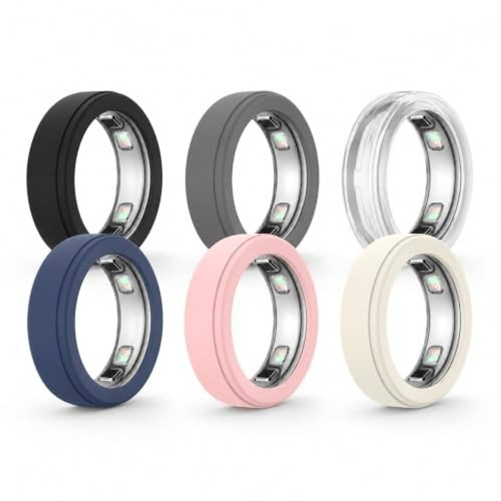 Assorted silicone ring covers in black, gray, clear, navy, pink, and starlight