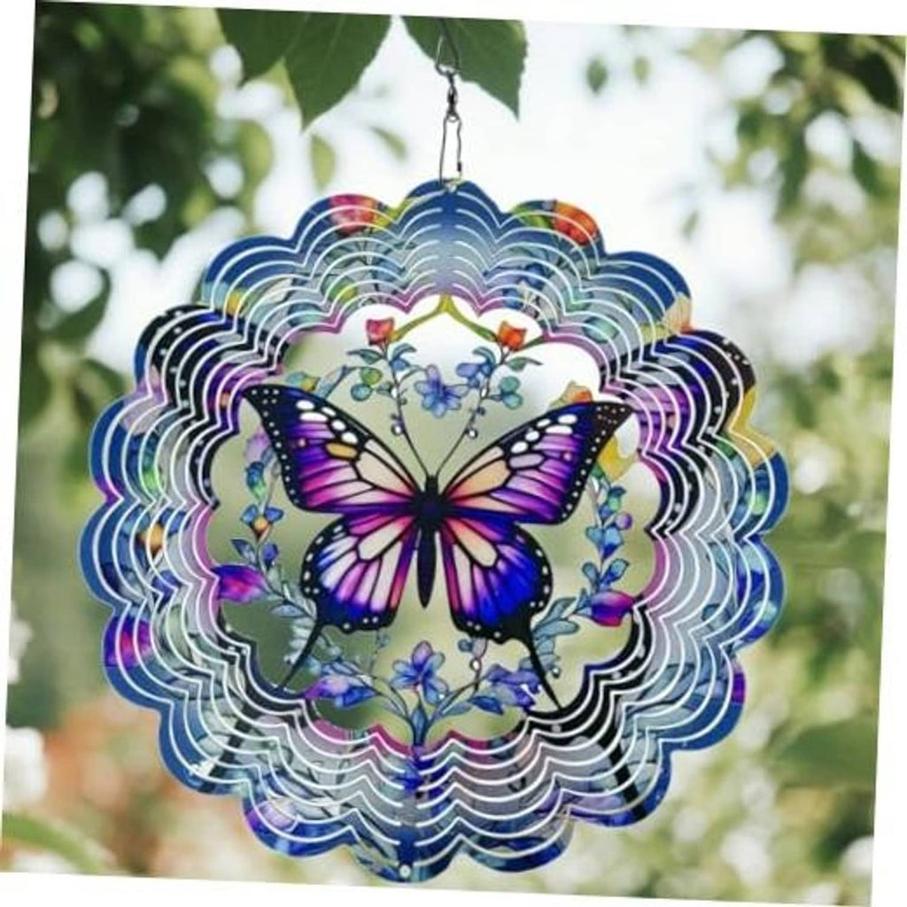 Colorful butterfly wind spinner with rainbow scalloped rings and hanging hook.