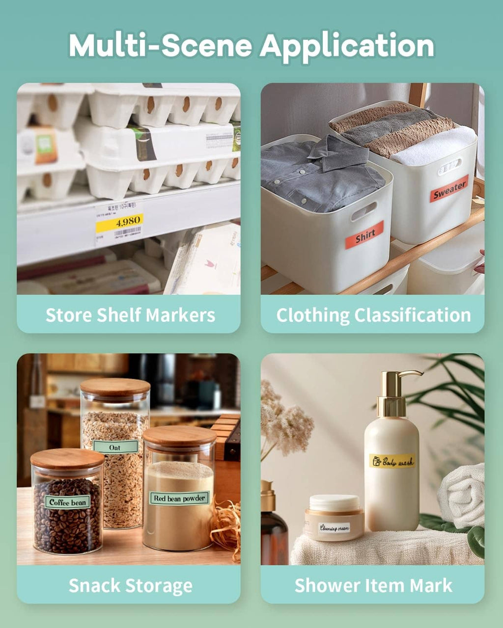 Label maker app multi-scene application screen with shelf, clothing, storage, shower panels