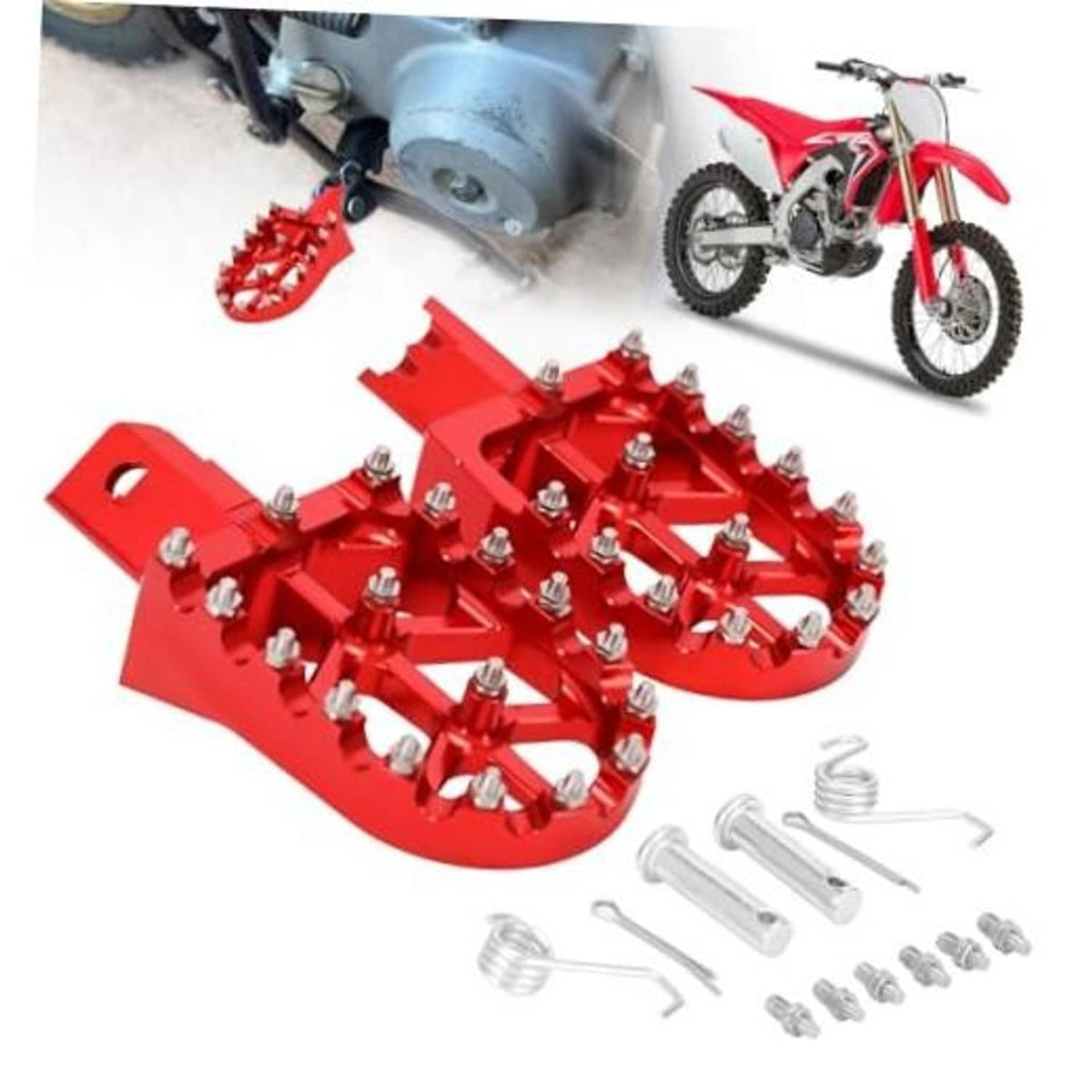 Red CNC motorcycle foot pegs with silver hardware and non-slip metal teeth