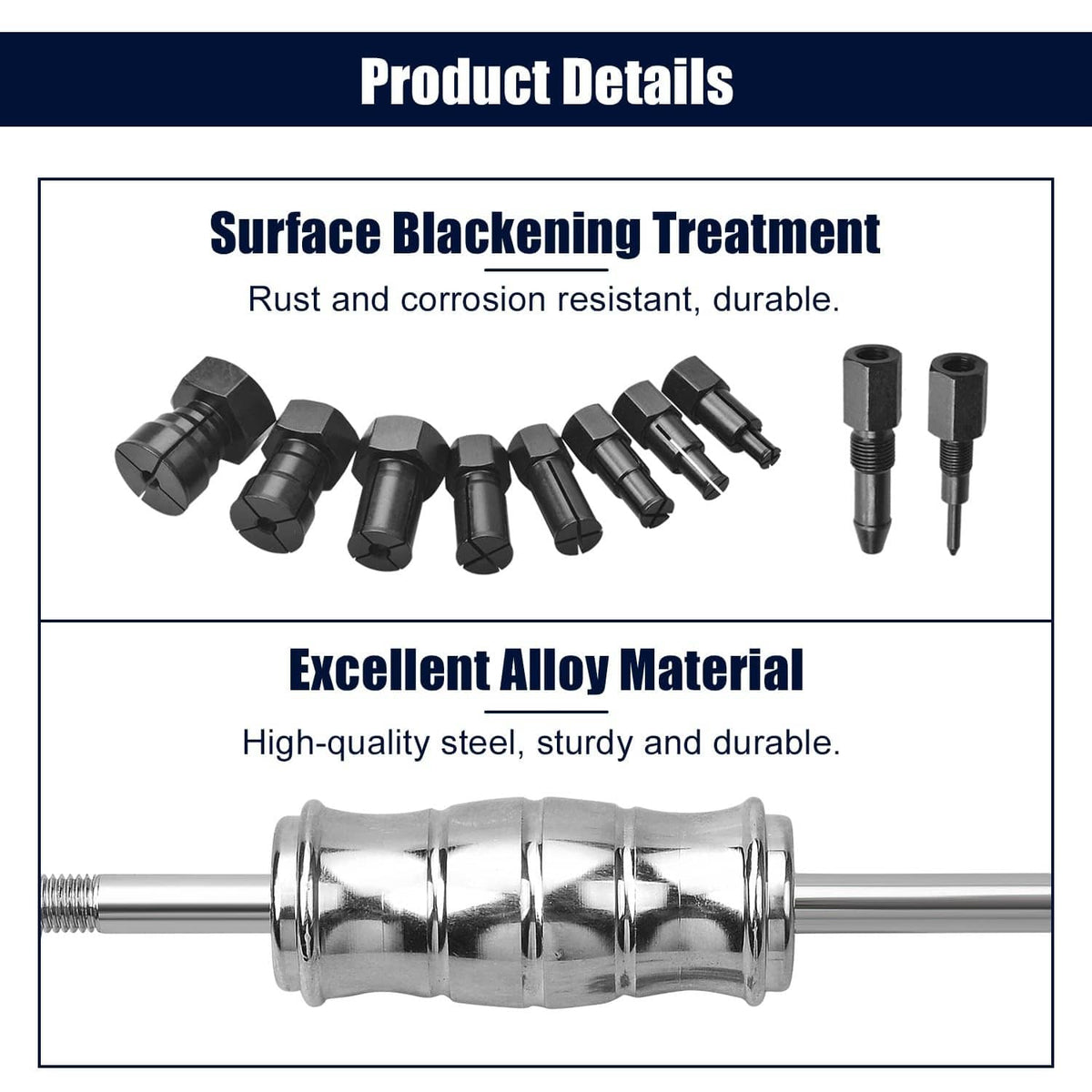 Bearing puller set parts with black finish treatment and chromed puller body