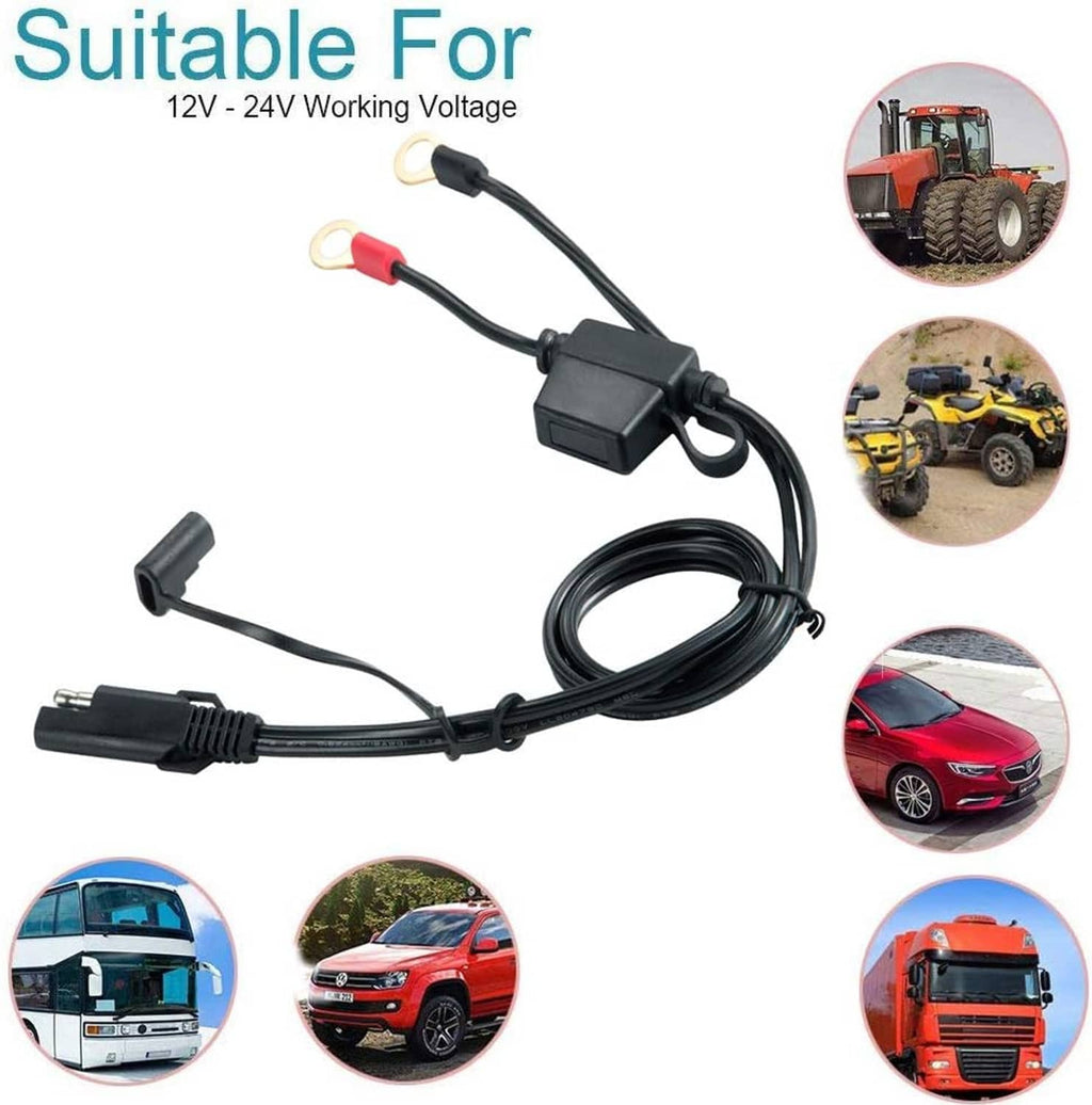 SAE quick disconnect extension cable with ring terminals, black wire for 12V–24V use