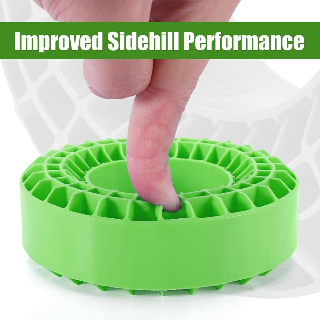 Green silicone rubber tire insert with honeycomb tread, held by hand