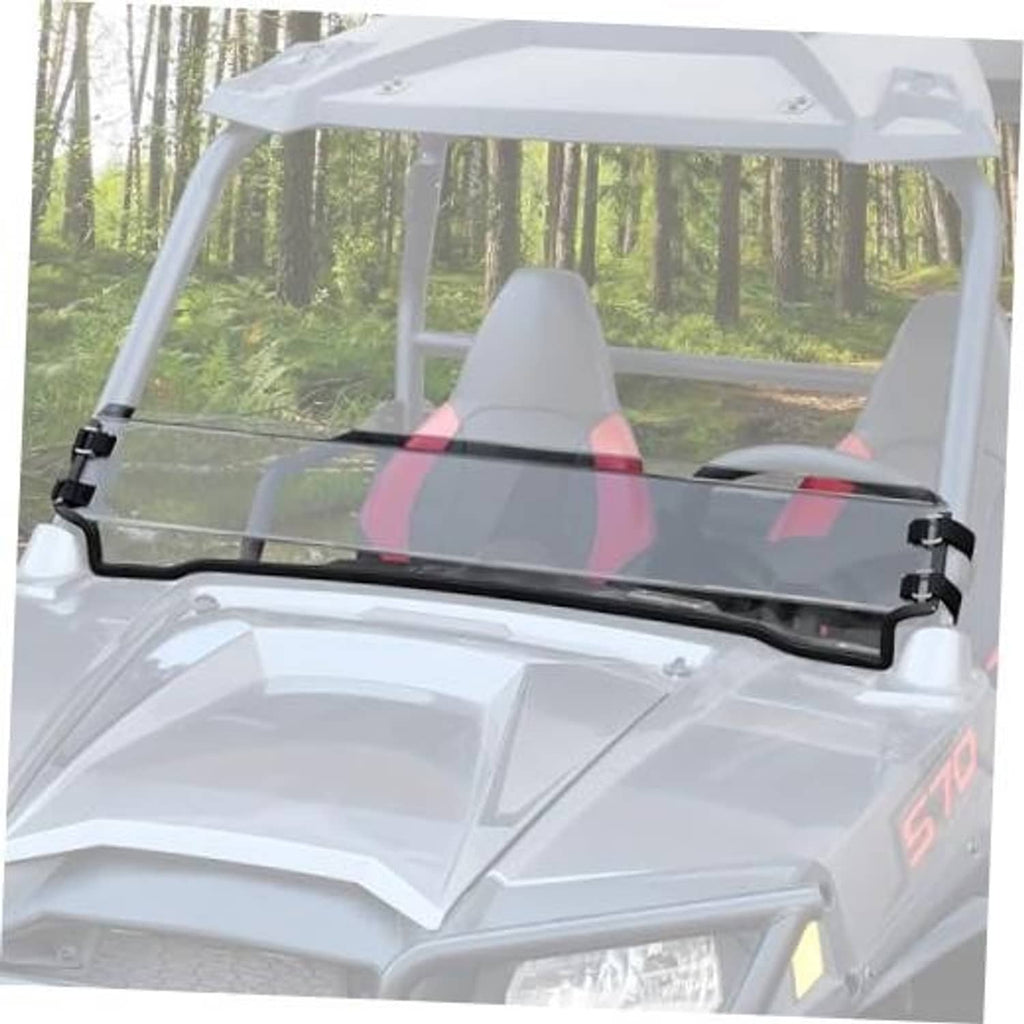 UTV front half windshield with clear panel and black mounting clamps on white frame