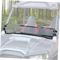UTV front half windshield with clear panel and black mounting clamps on white frame