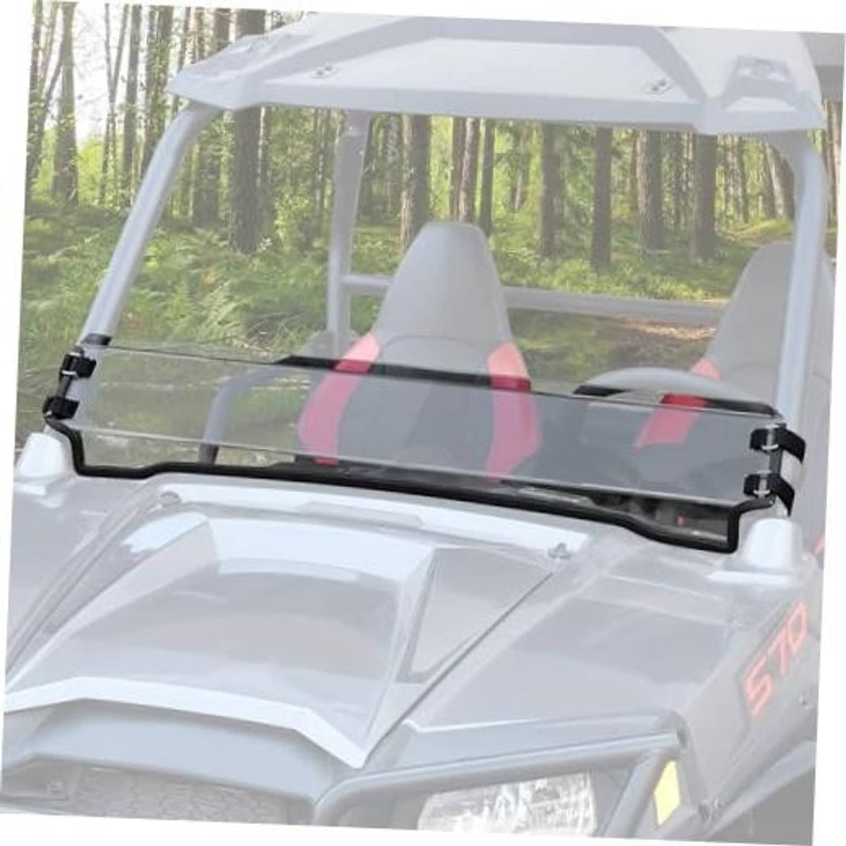 UTV front half windshield with clear panel and black mounting clamps on white frame