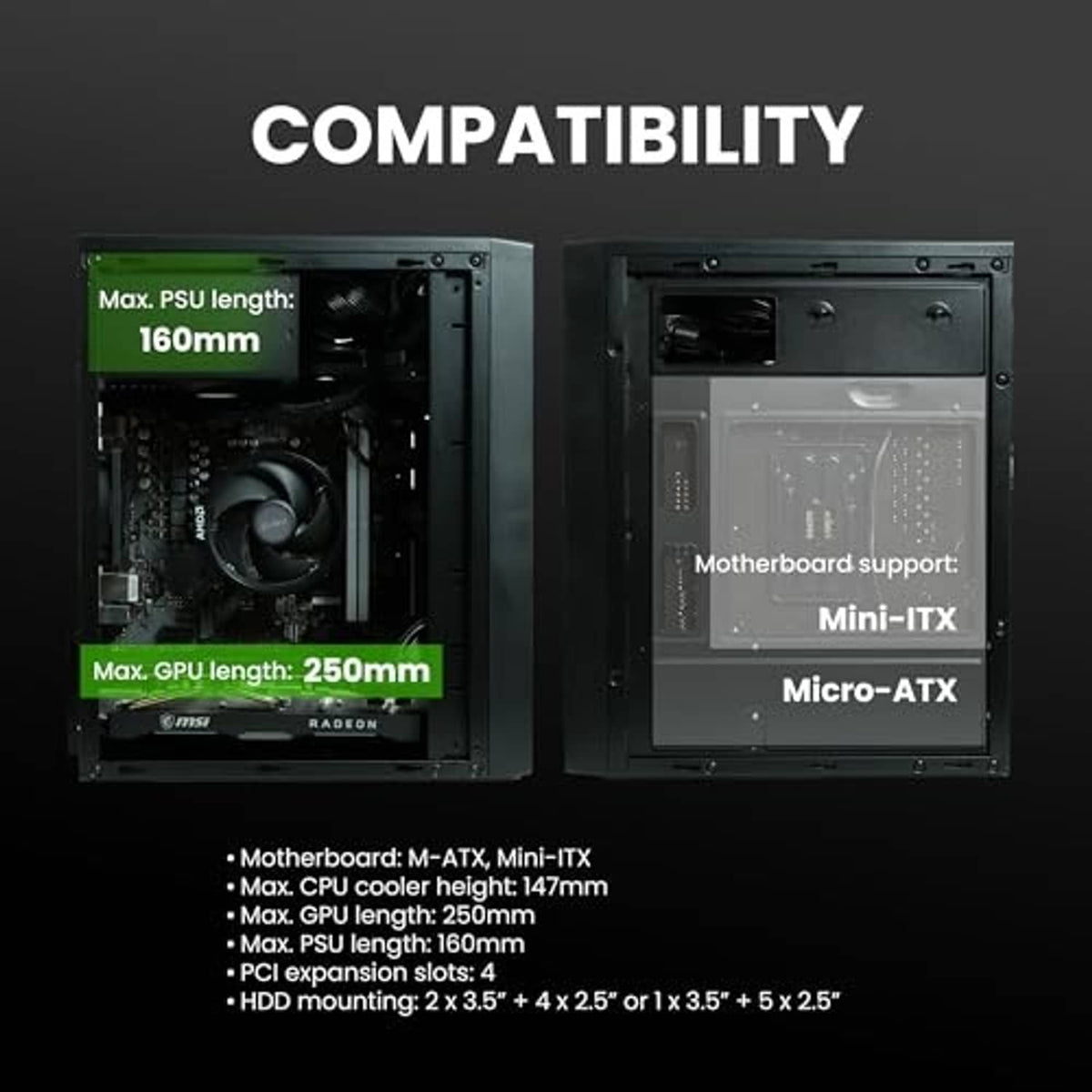 Micro ATX desktop PC case interior layout with motherboard tray and expansion area