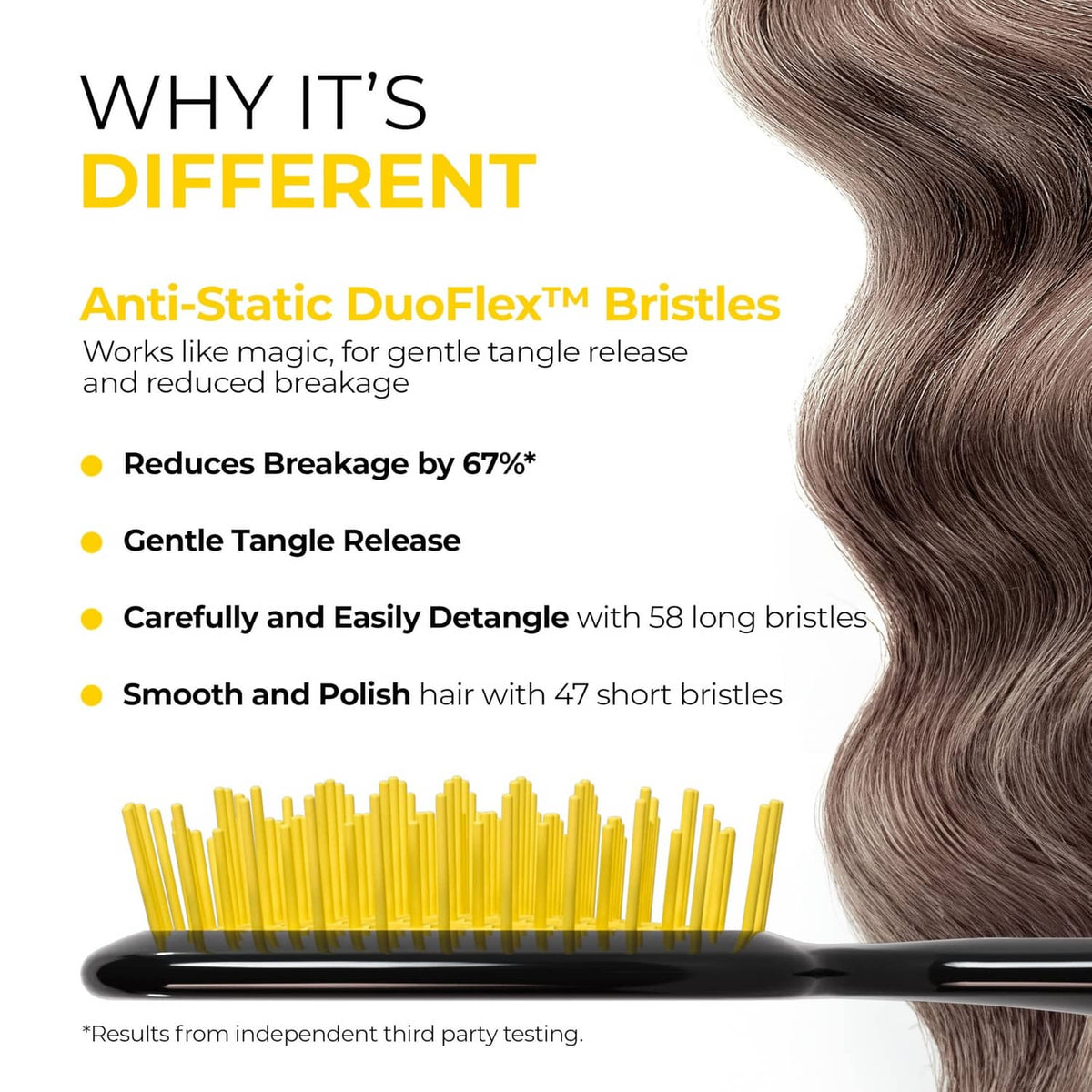 Yellow bristle detangling hair brush with black handle, rounded vented cushion