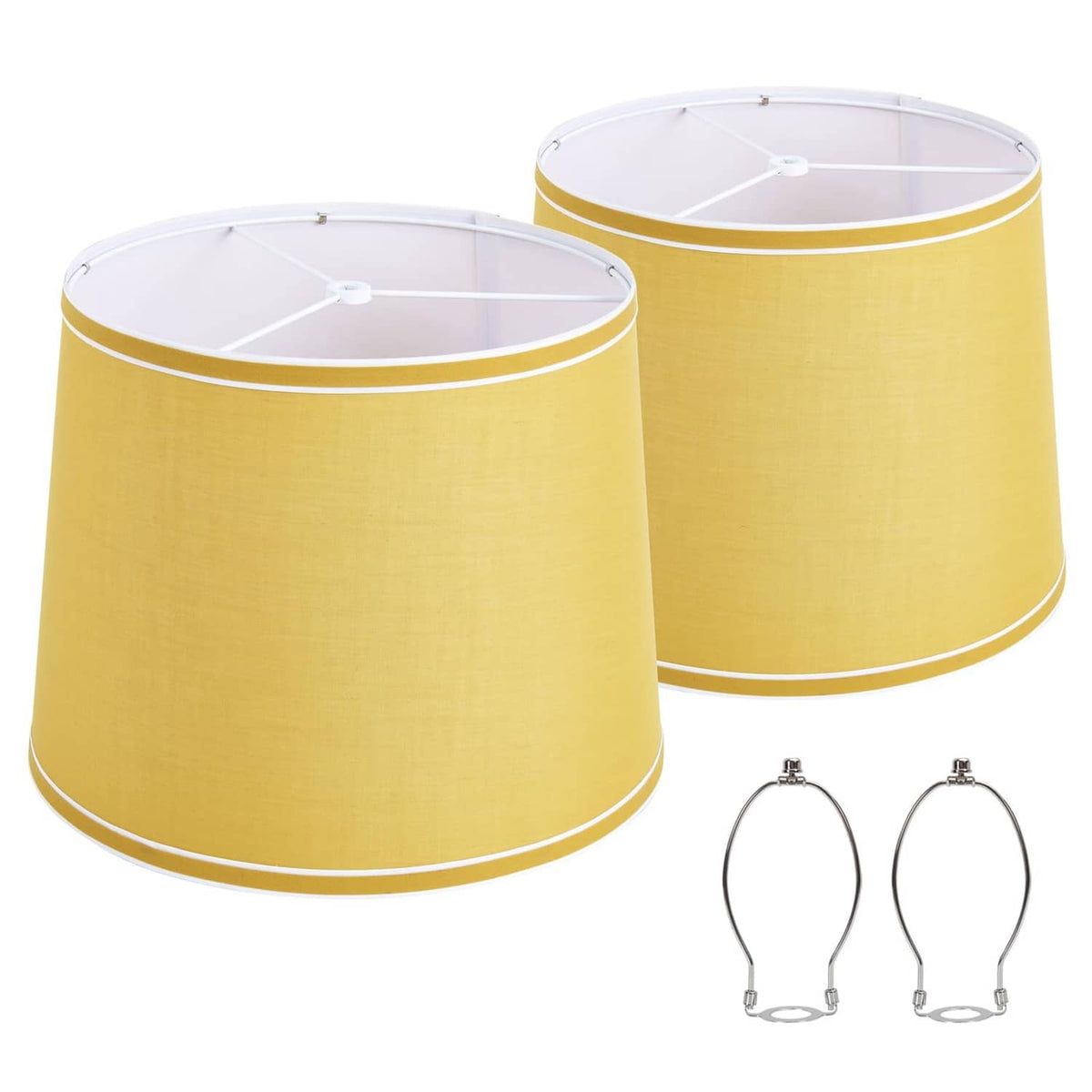 Set of 2 yellow drum lamp shades with white trim and metal mounting clips