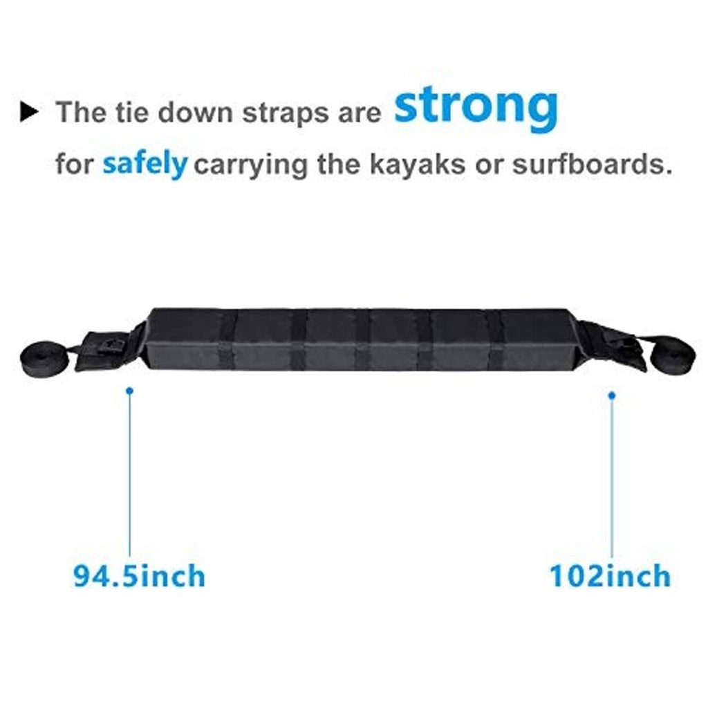 Black kayak rack pad with reinforced straps and size indicators on both ends