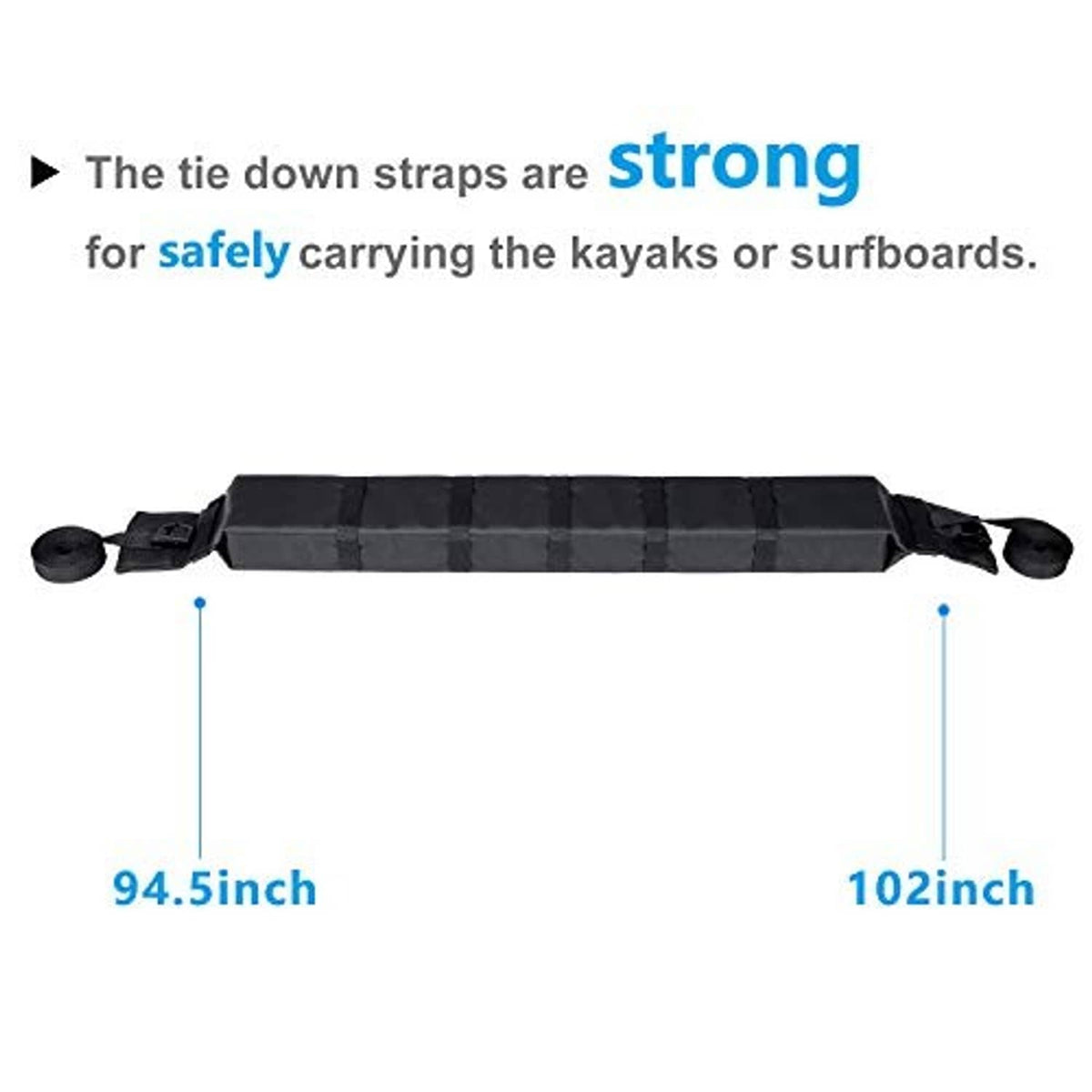 Black kayak rack pad with reinforced straps and size indicators on both ends