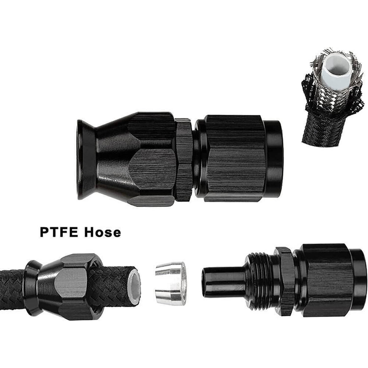 Black PTFE hose assembly with male adapters and braided hose sleeves, set of fittings