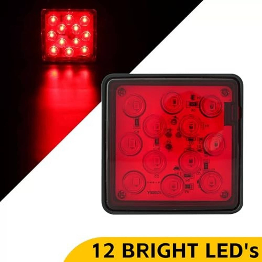 Square black hitch cover brake light with red illuminated 12-LED array