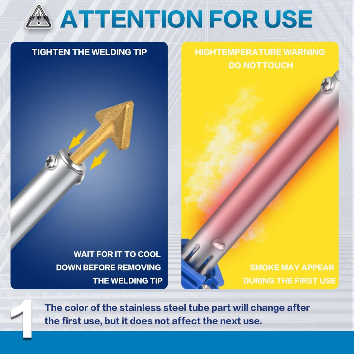 Plastic welder tip and metal tube with safety warning graphic