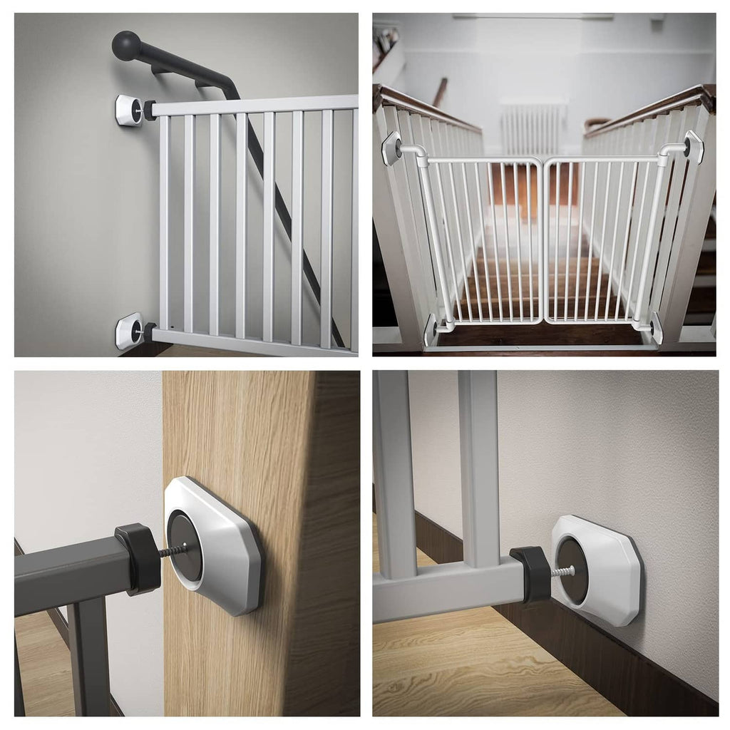 Baby gate wall protector attached to wood and wall surfaces with gate post fastened