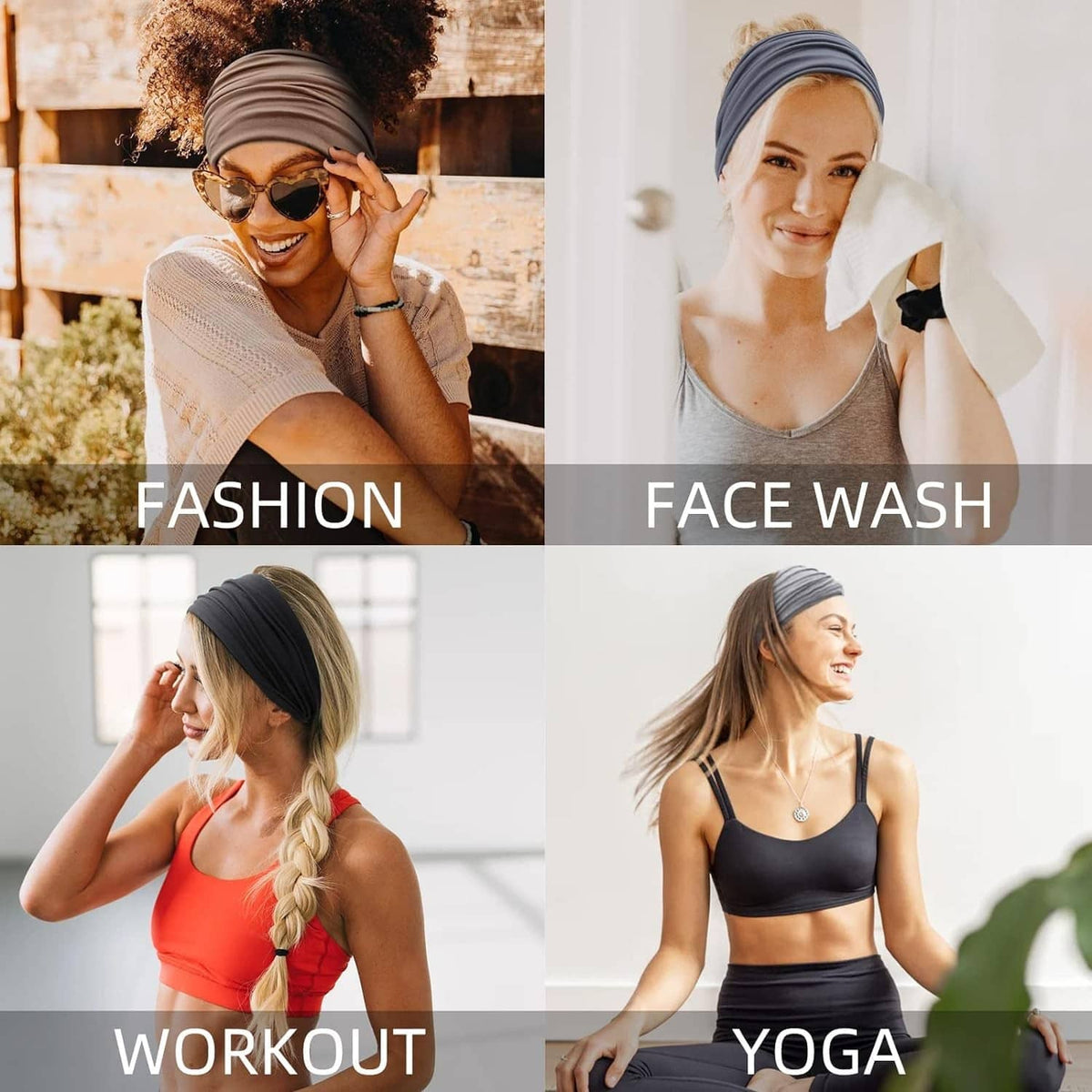 Wide elastic headbands in dark and light colors worn by models.
