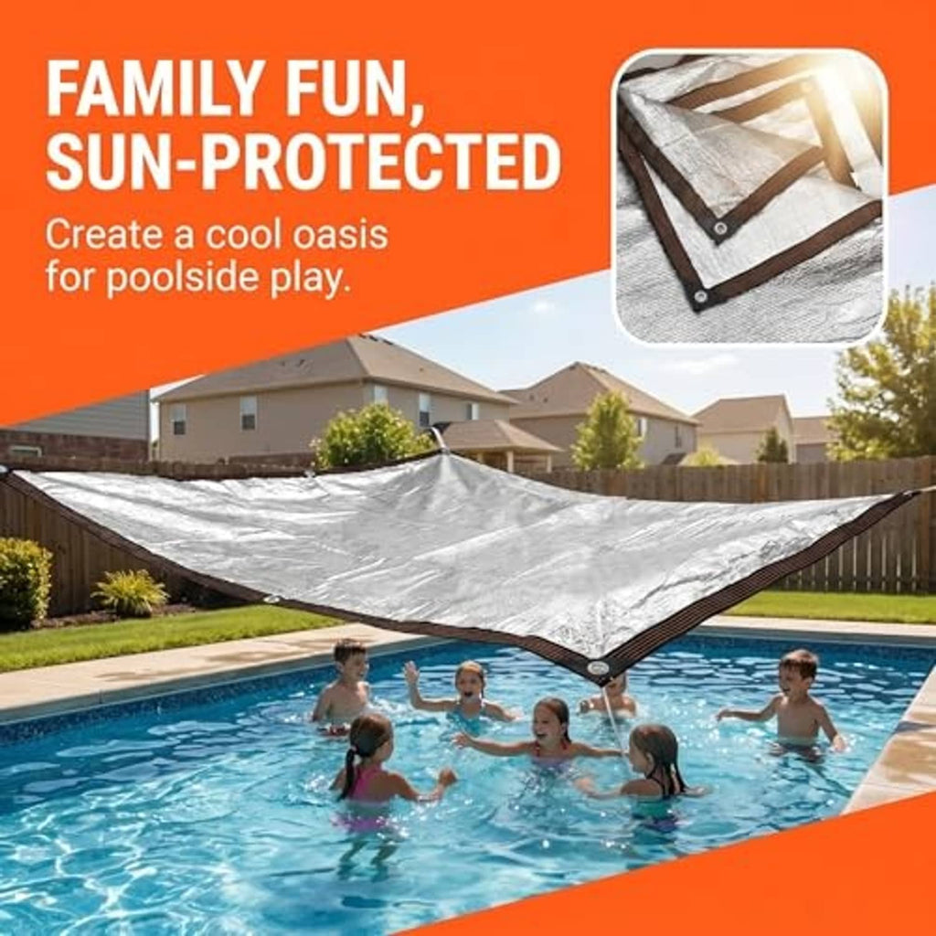 Reflective pool cover made of aluminum shade cloth with brown edge trim and corner ties