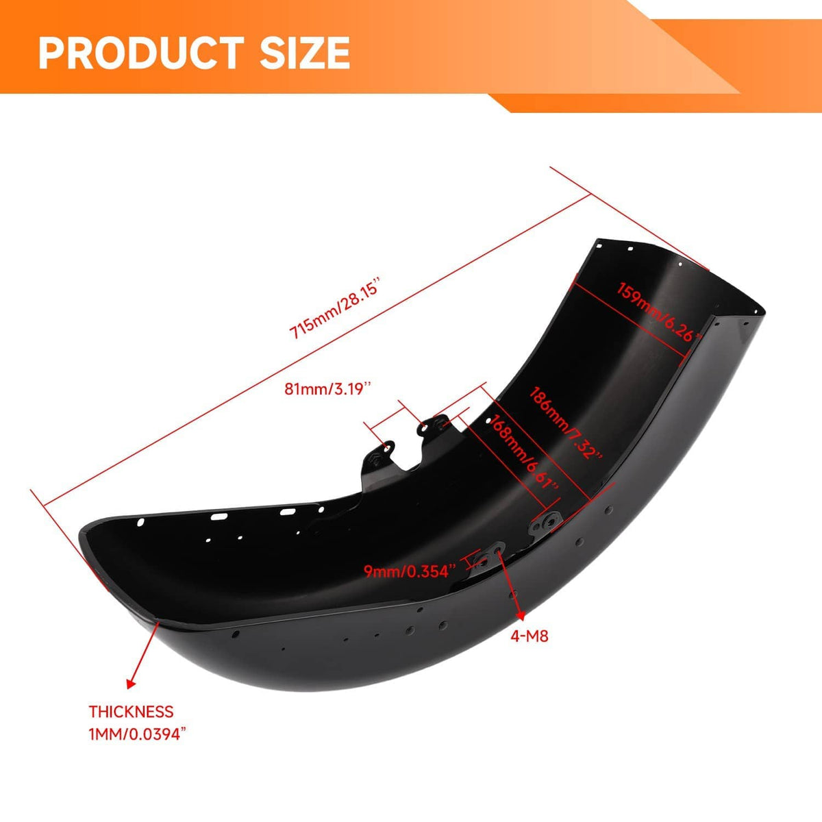 Black curved front fender panel with mounting holes and inner brackets