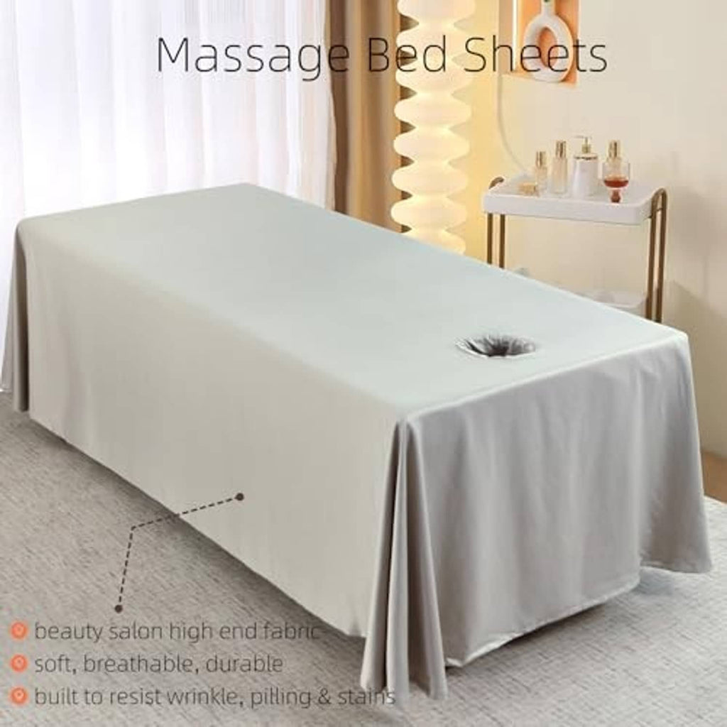 Grey massage bed skirt sheet with round face opening and long hanging sides