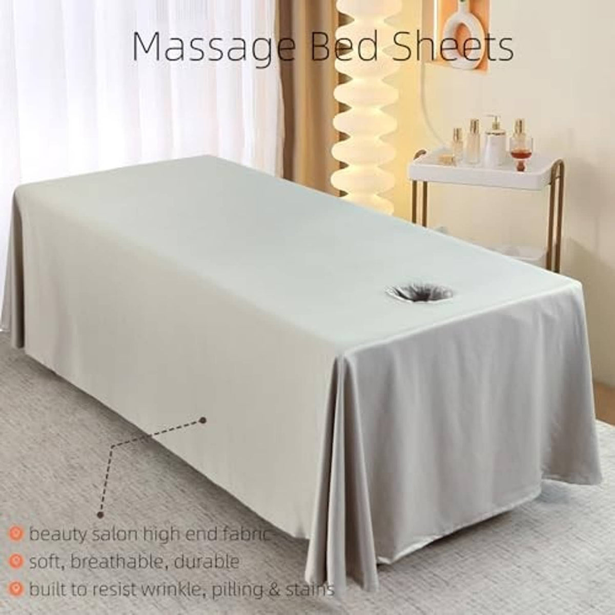 Grey massage bed skirt sheet with round face opening and long hanging sides