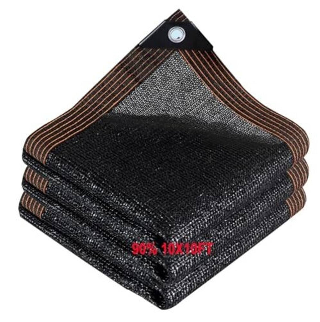 Outdoor shade mesh tarp, folded black fabric with brown binding edge and corner grommet