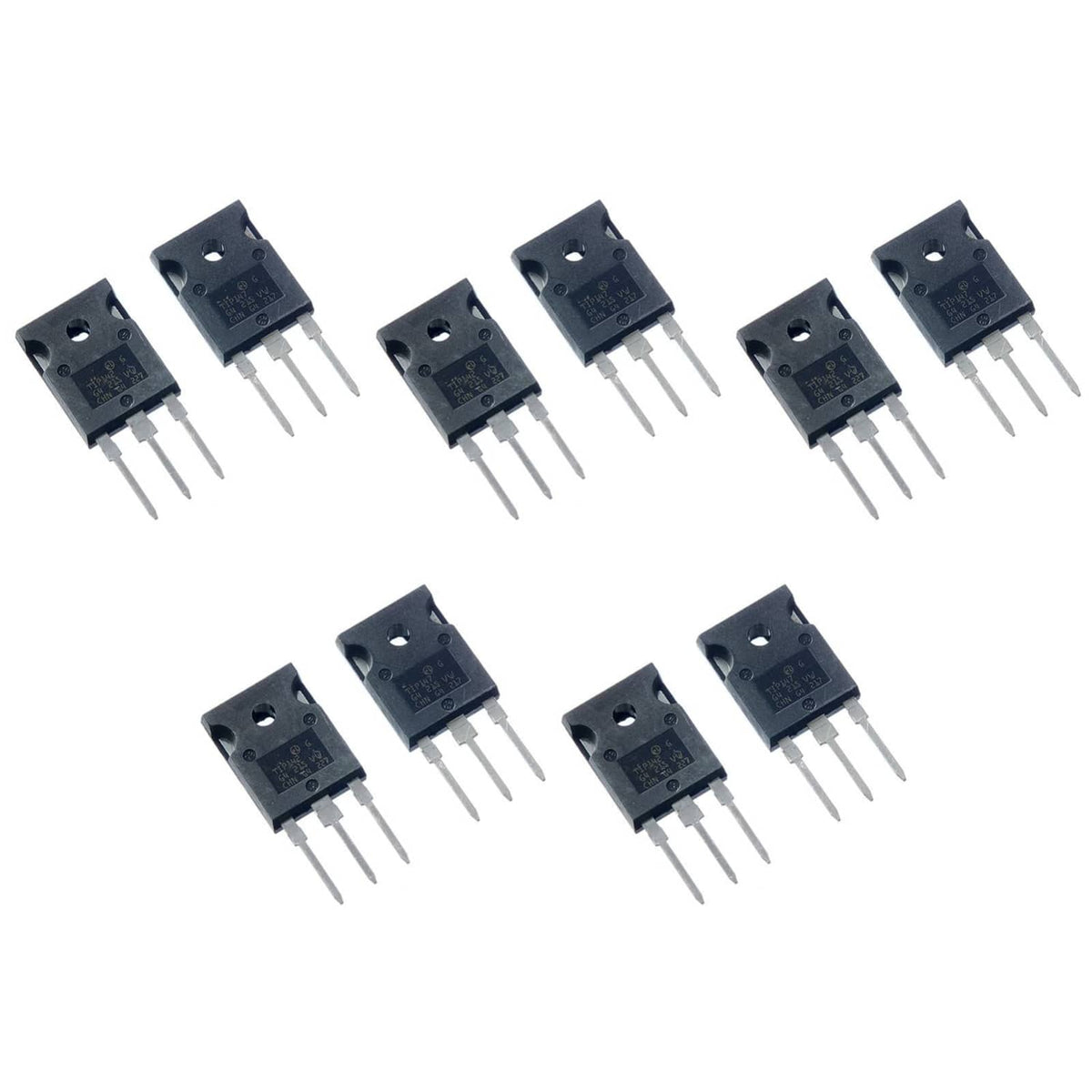 Set of black TO-3P transistors with three white leads each, multiple units shown
