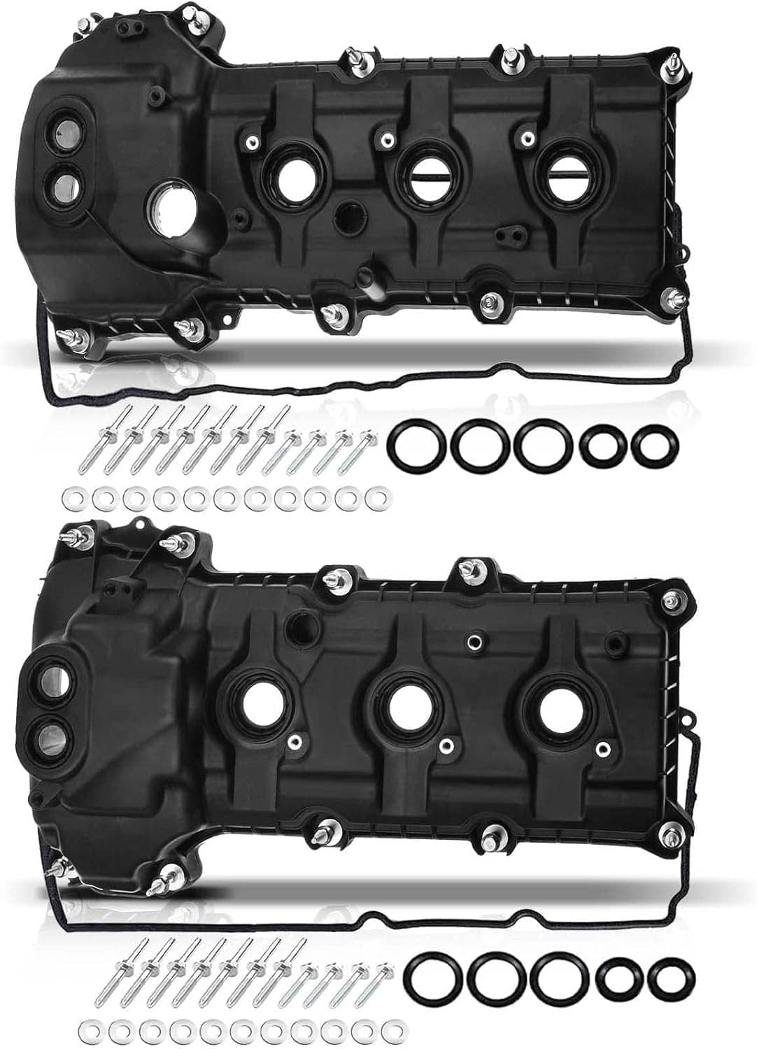 Black aluminum engine valve cover kit with gaskets and bolts, two covers