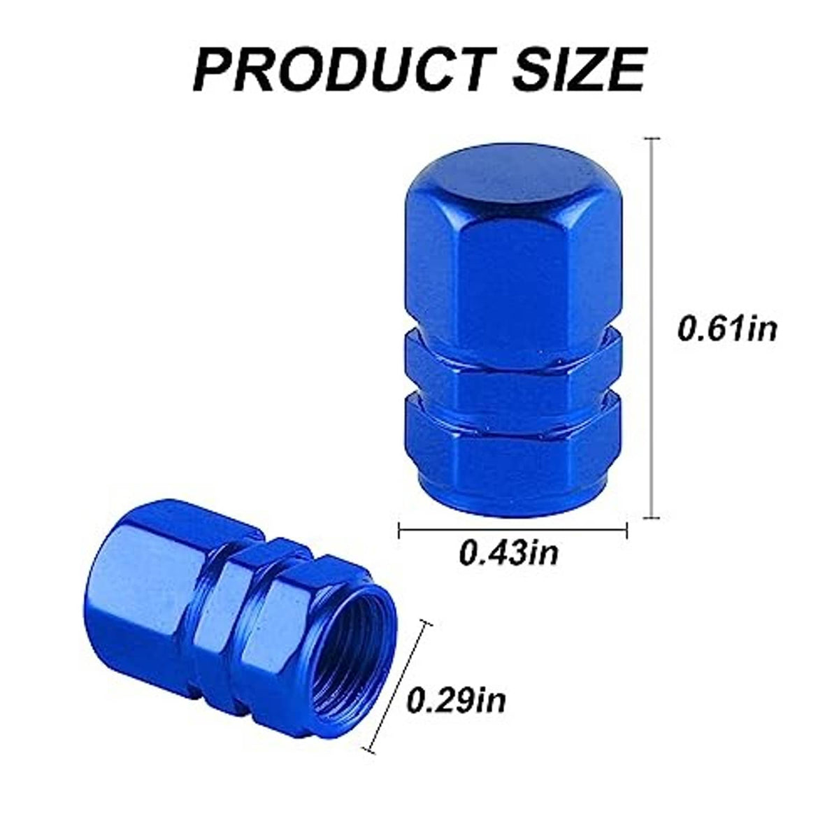 Blue aluminum tire valve cap with hex top and threaded stem opening, close-up.