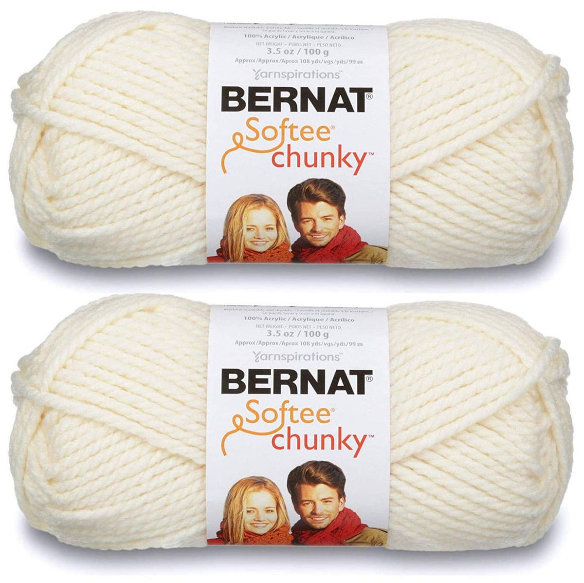 2-pack super chunky yarn, natural off-white acrylic skeins with Bernat Softee Chunky labels